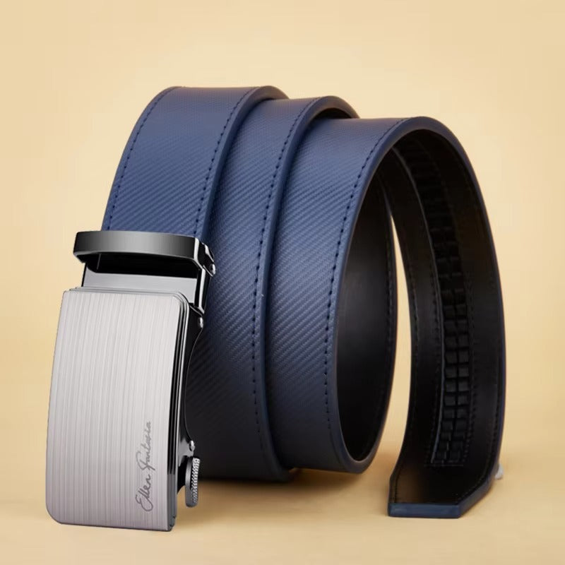 Men's Blue Striped Leather Belt with Automatic Buckle