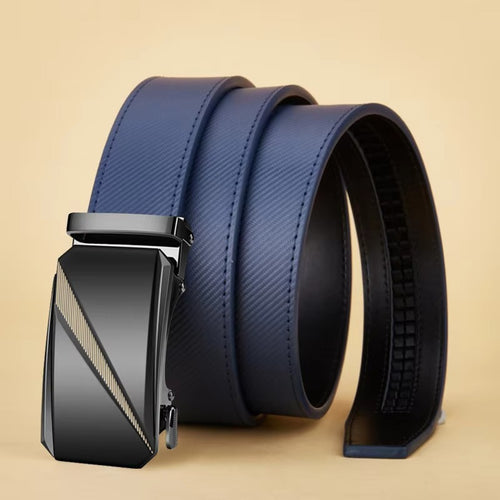 Men's Blue Striped Leather Belt with Automatic Buckle