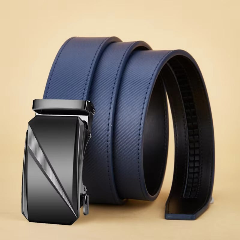 Men's Blue Striped Leather Belt with Automatic Buckle