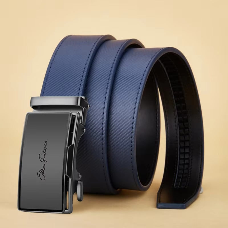 Men's Blue Striped Leather Belt with Automatic Buckle